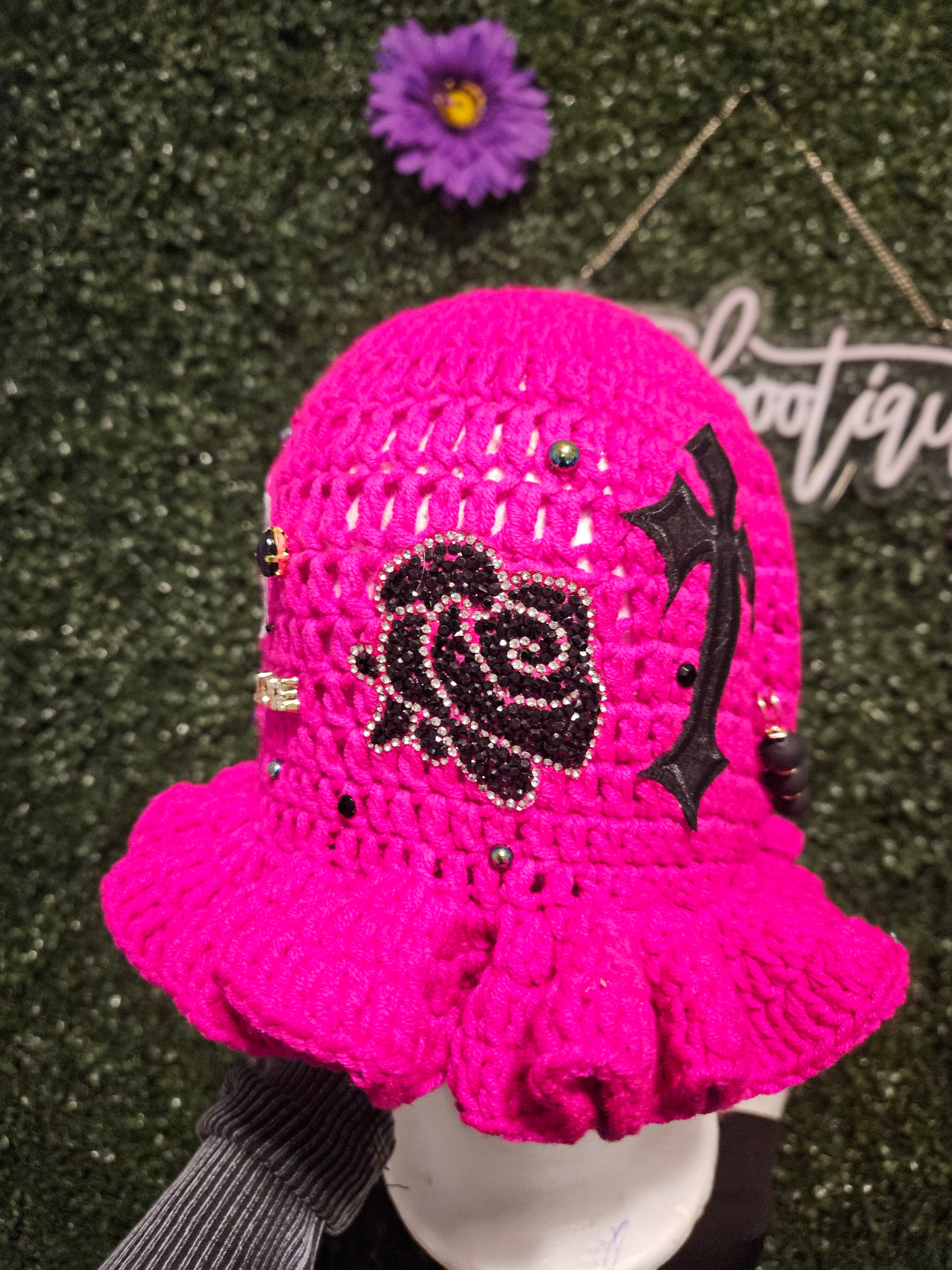Pink crochet bucket hat
