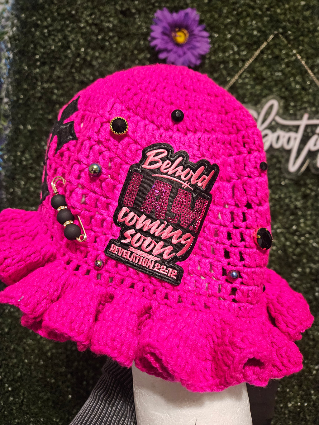 Pink crochet bucket hat