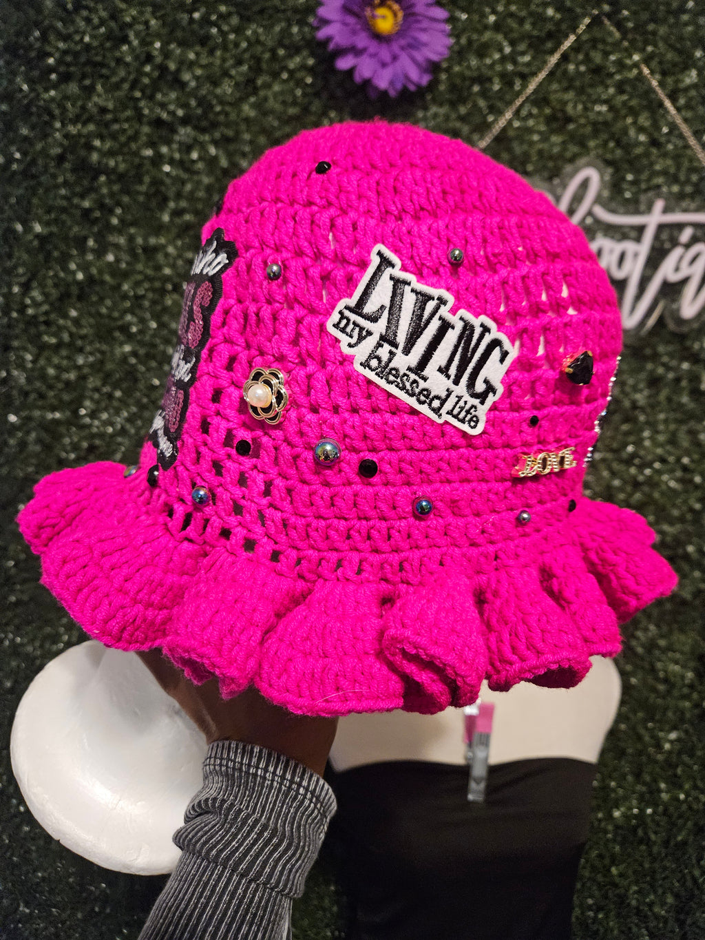 Pink crochet bucket hat